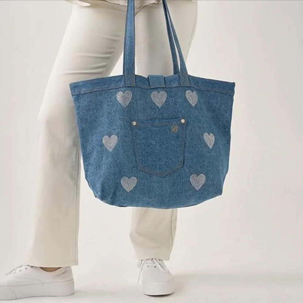 DG2 by Diane Gilman Denim Crystal Heart DenimTote Bag